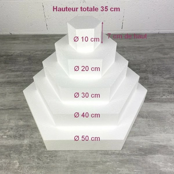 Bon marché 🔔 Lealoo® Disque Polystyrène Pièce Montée Hexagonale En Polystyrène, Base 50 Cm à 10 Cm, 5 Socles De 7 Cm De Haut, Total 35 Cm ⭐ – Image 2