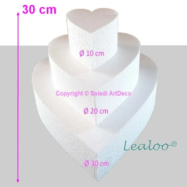 Vente flash ⌛ Lealoo® Disque Polystyrène Pièce Montée Coeur En Polystyrène Hauteur 30cm, Base Diam. 30cm à 10cm, 3 Socles Styro De 10cm De Ha ⭐ – Image 2