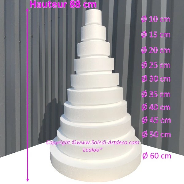 Budget 🤩 Lealoo® Disque Polystyrène Pièce Montée Wedding Cake, Hauteur 88 Cm, Base Ø 60cm à 10cm, 10 étages En Polystyrène 🎁 – Image 2